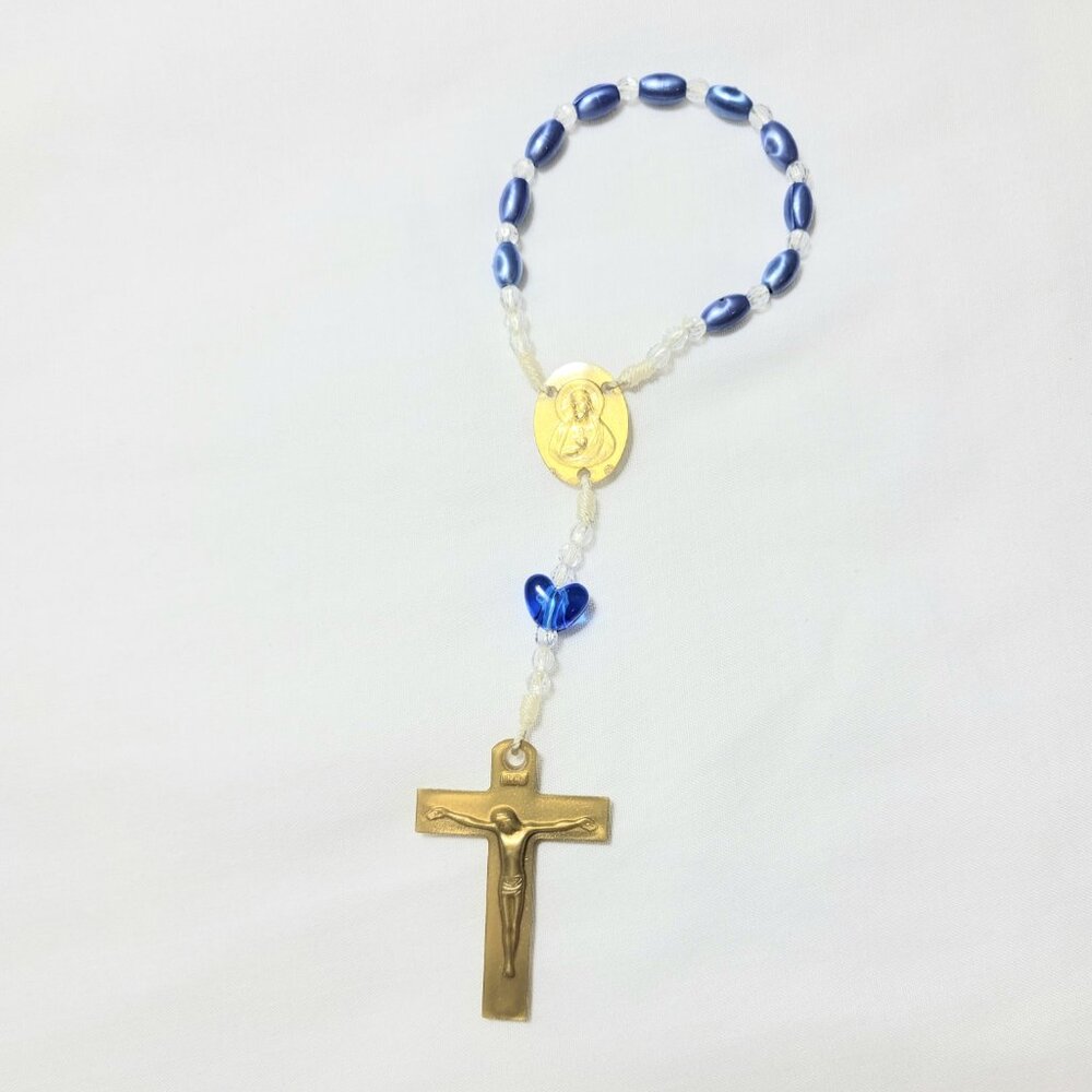 🌷Single decade Blue Heart Beaded Gold Cross Rosary Bead Chaplet Auto Car🌷